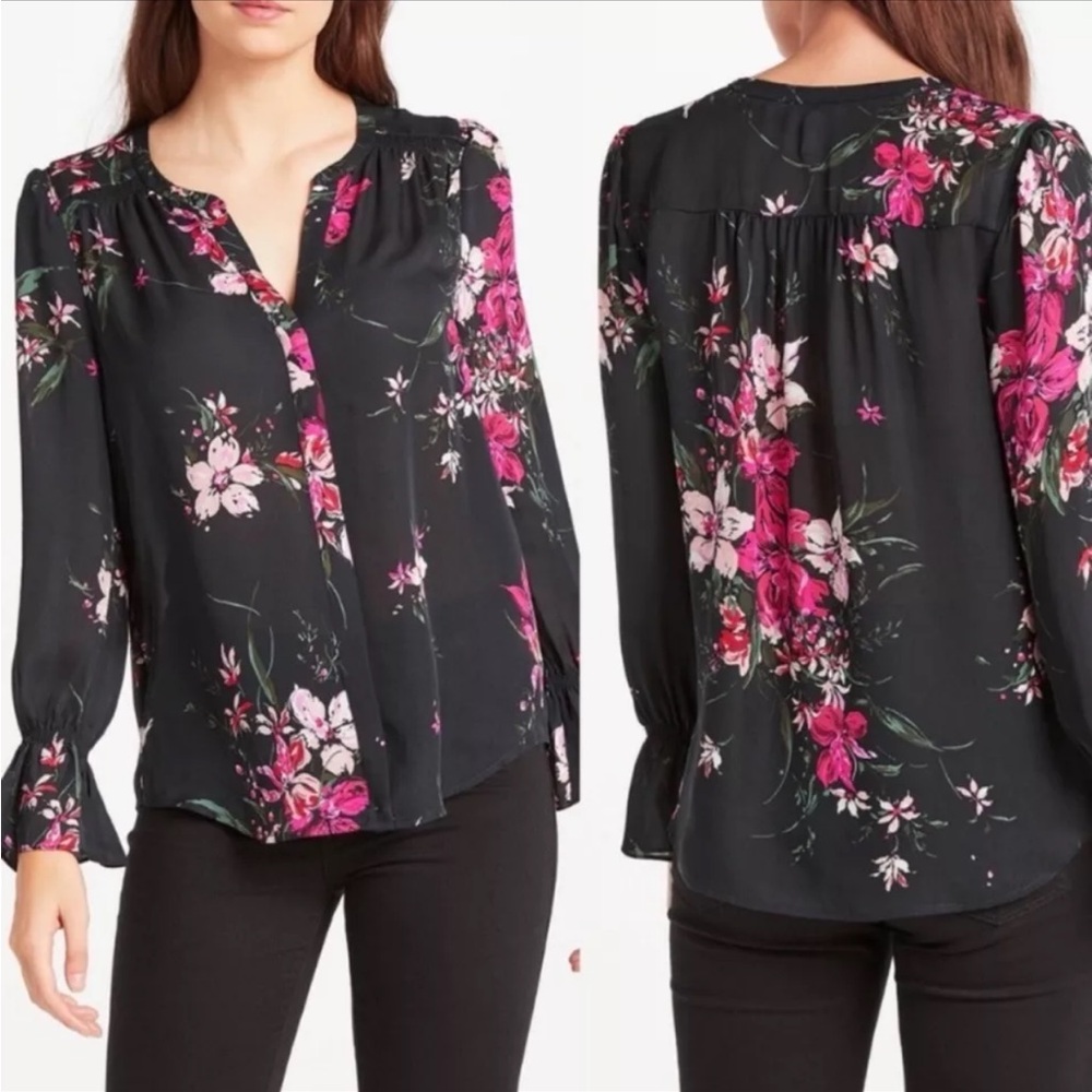 [JOIE] NWOT Keno Split-neck Floral-print Silk Top In Pop Pink